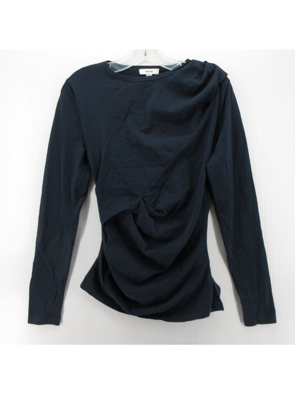 Reis s Top Medium Navy Pullover Blouse Draped Ruched Knit Boat Neck